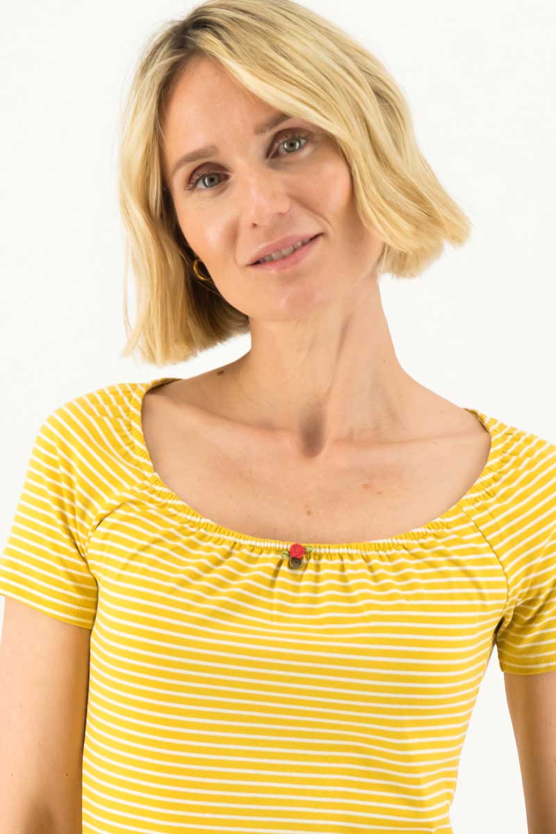 Kurzarm Shirt Logo Stripe Heart T-Shirt mit Yellow Tiny Stripe Muster von Blutsgeschwister Bild 2