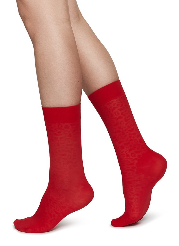 SWEDISH STOCKINGS Emma Leopard Socks 60 Denier Sharp Red